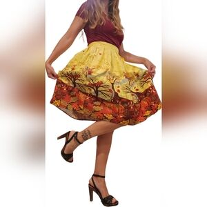 Fall Theme Yellow A Line Skirt Sz Small Pleated Leaves Autumn Owl Pumpkin Autumn